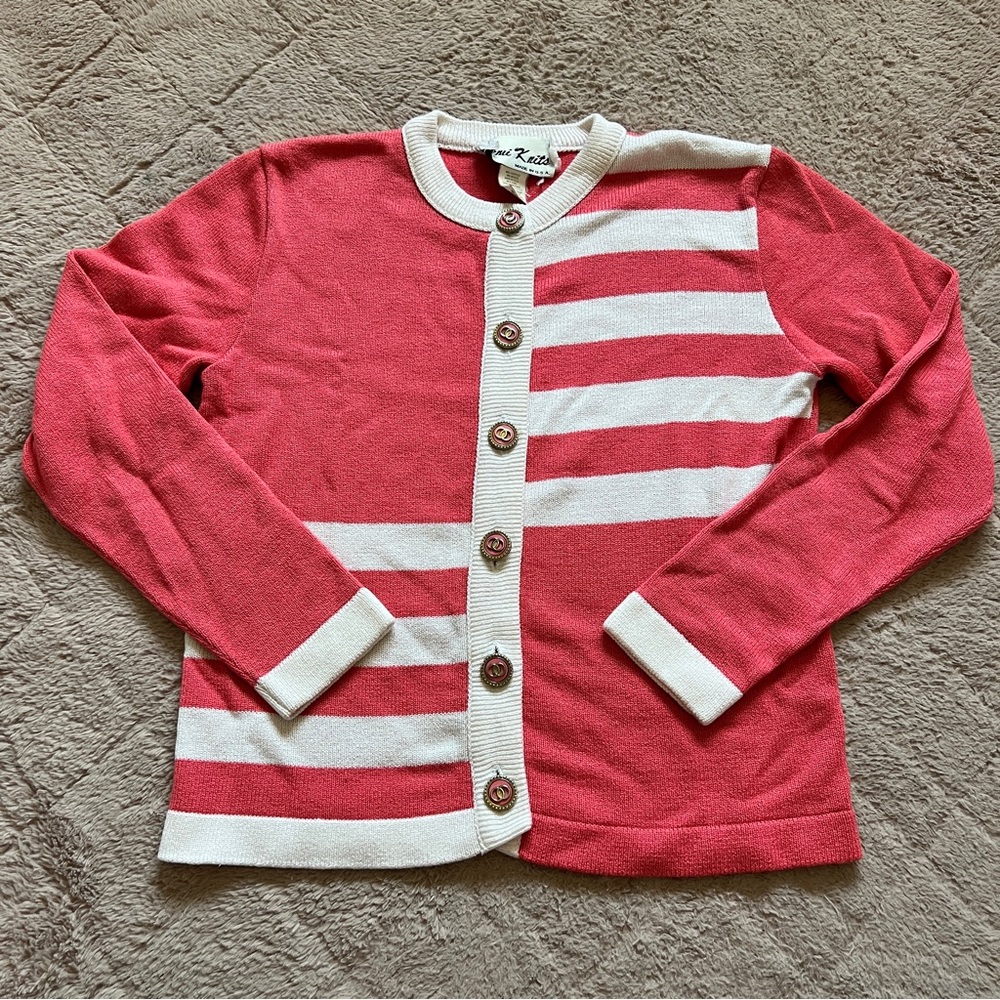 Vtg Ami Knits Acrylic Blend Striped Button Front Cardigan Preppy Coastal Size 4